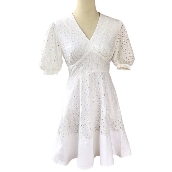 Eshakti White Eyelet Balloon Sleeve Cotton Mini Dress - Picture 1 of 7